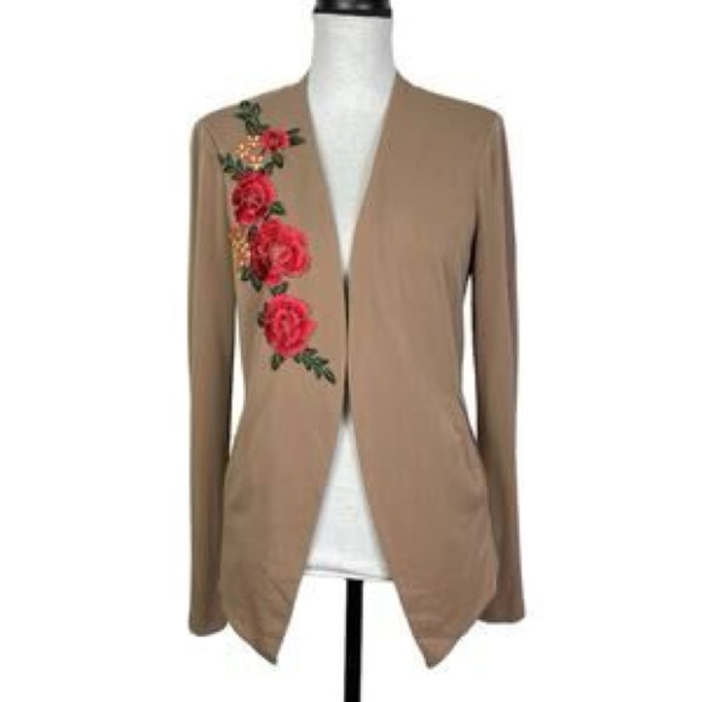 Gianni Bini Tan Blazer‎ Red Floral Embroidery Stretchy Large Lightweight - Picture 8 of 8
